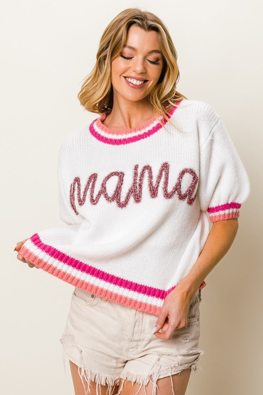 BiBi MAMA Contrast Trim Short Sleeve Sweater - The Boutie Shop