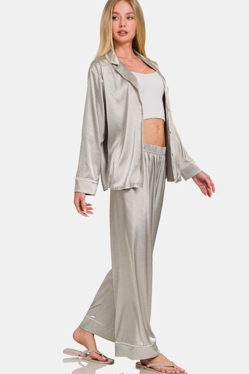 Zenana Satin Long Sleeve Shirt and Pants Pajama Set - The Boutie Shop