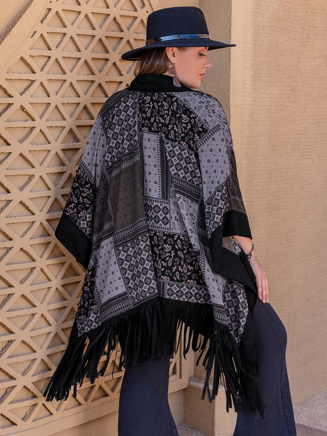 Plus Size Printed Fringe Open Front Outerwear - The Boutie Shop