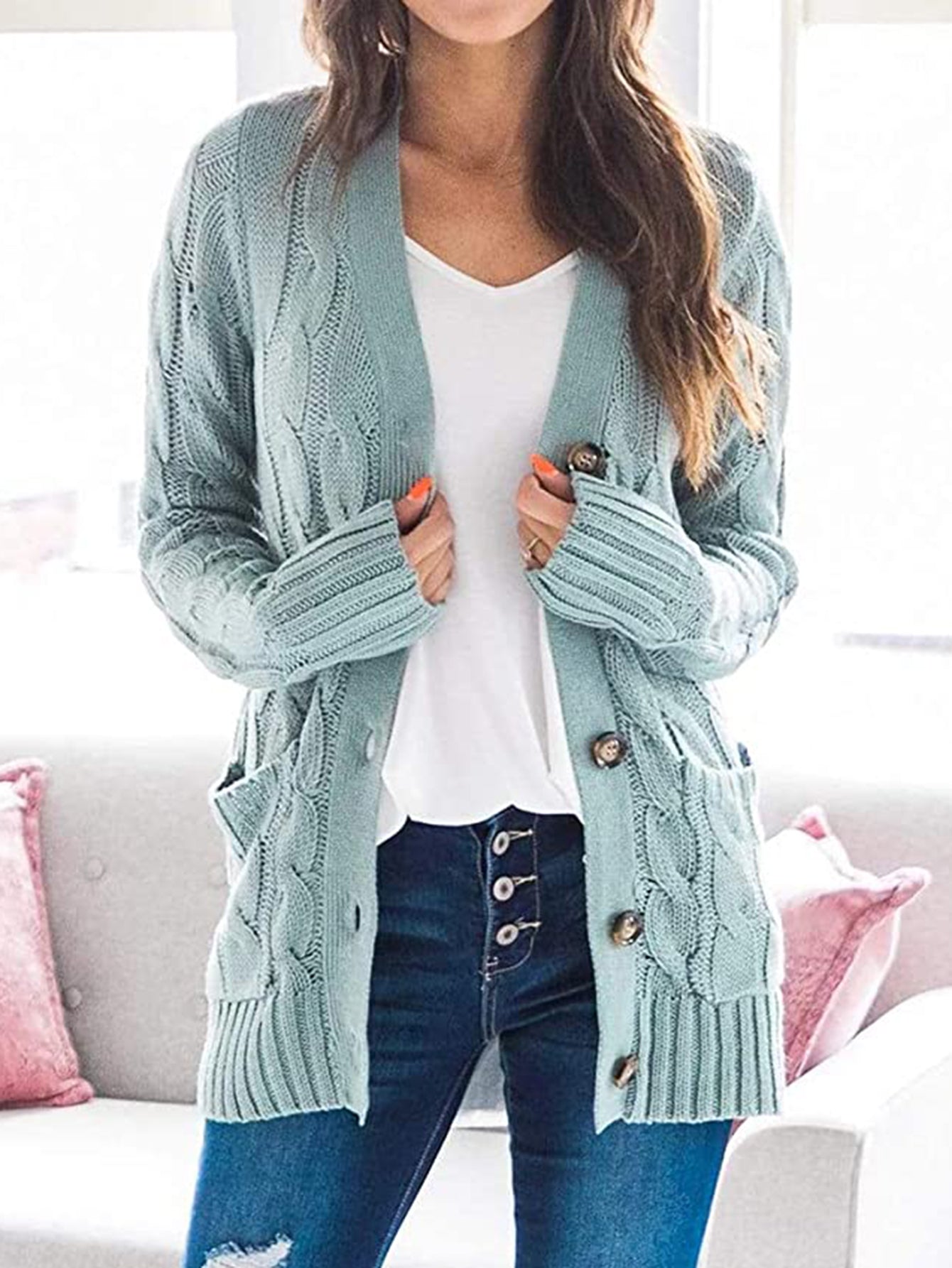 Cable-Knit Buttoned Cardigan with Pockets - The Boutie Shop