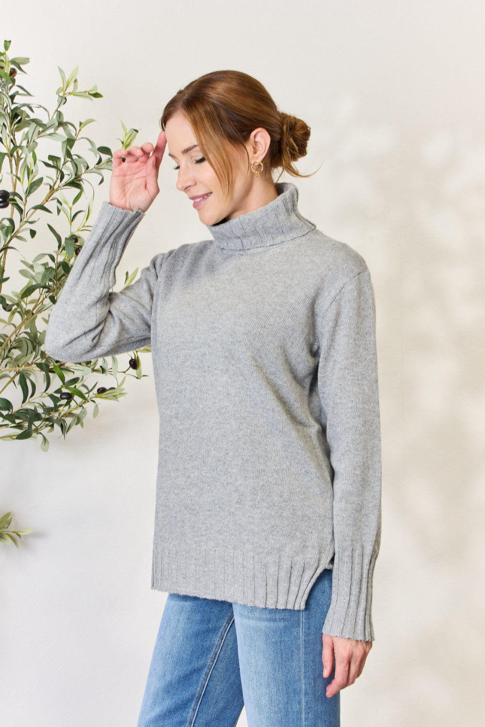 Heimish Full Size Turtleneck Long Sleeve Slit Sweater - The Boutie Shop