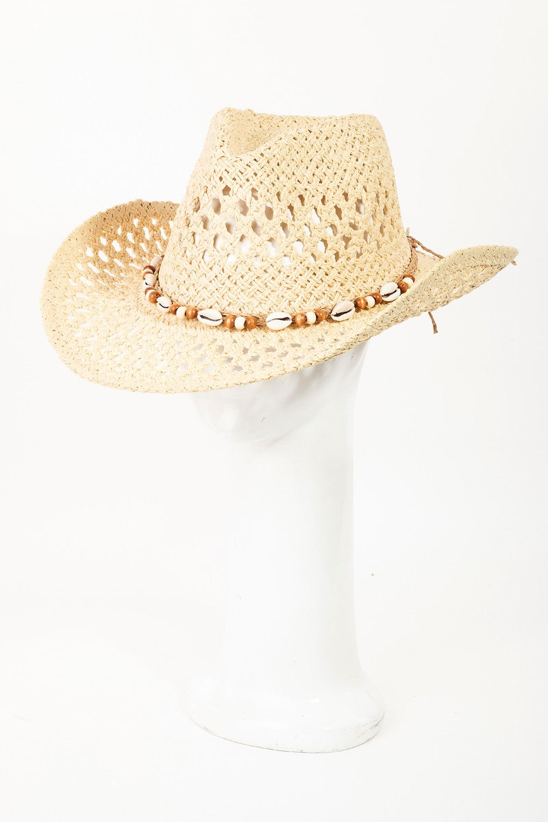 Fame Cowrie Shell Beaded String Straw Hat - The Boutie Shop