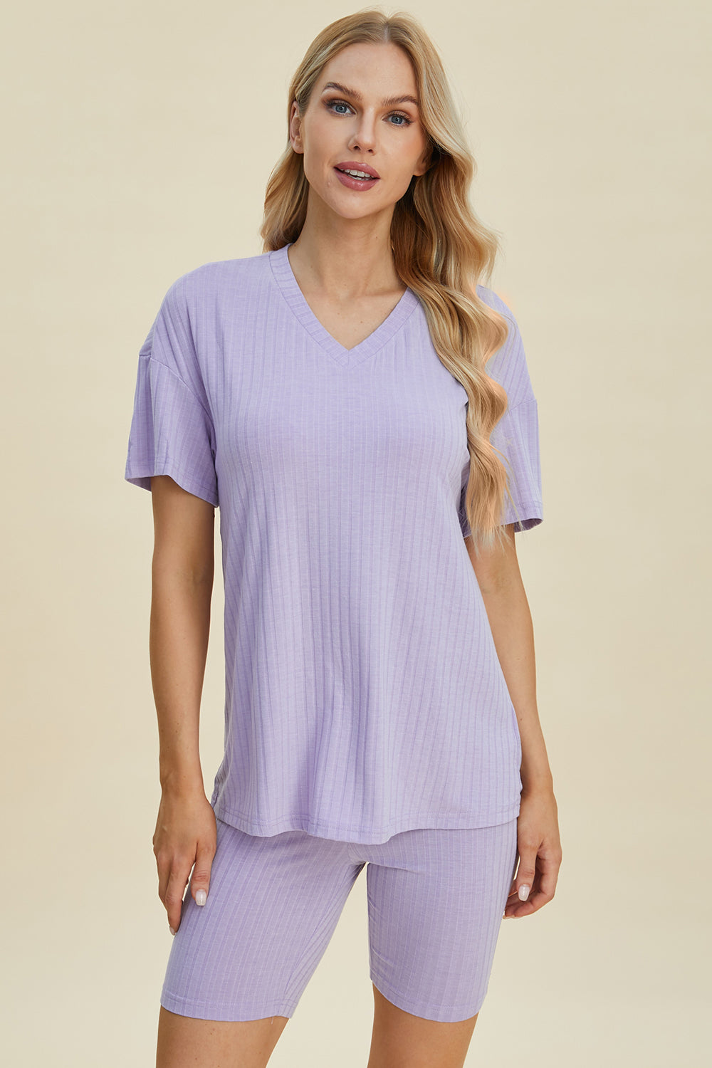 Basic Bae Full Size Ribbed V-Neck Short Sleeve Top and Shorts Set - The Boutie Shop