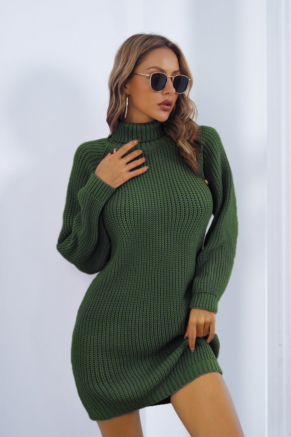 Buttoned Turtleneck Long Sleeve Sweater Dress - The Boutie Shop