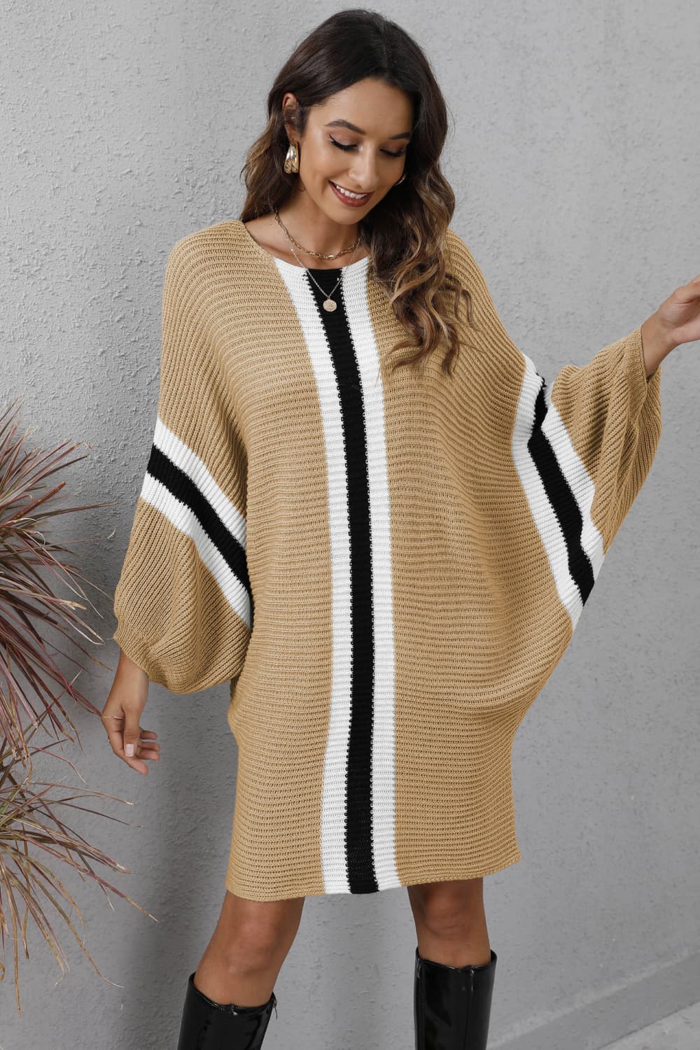 Ribbed Round Neck Long Sleeve Sweater Dress - The Boutie Shop