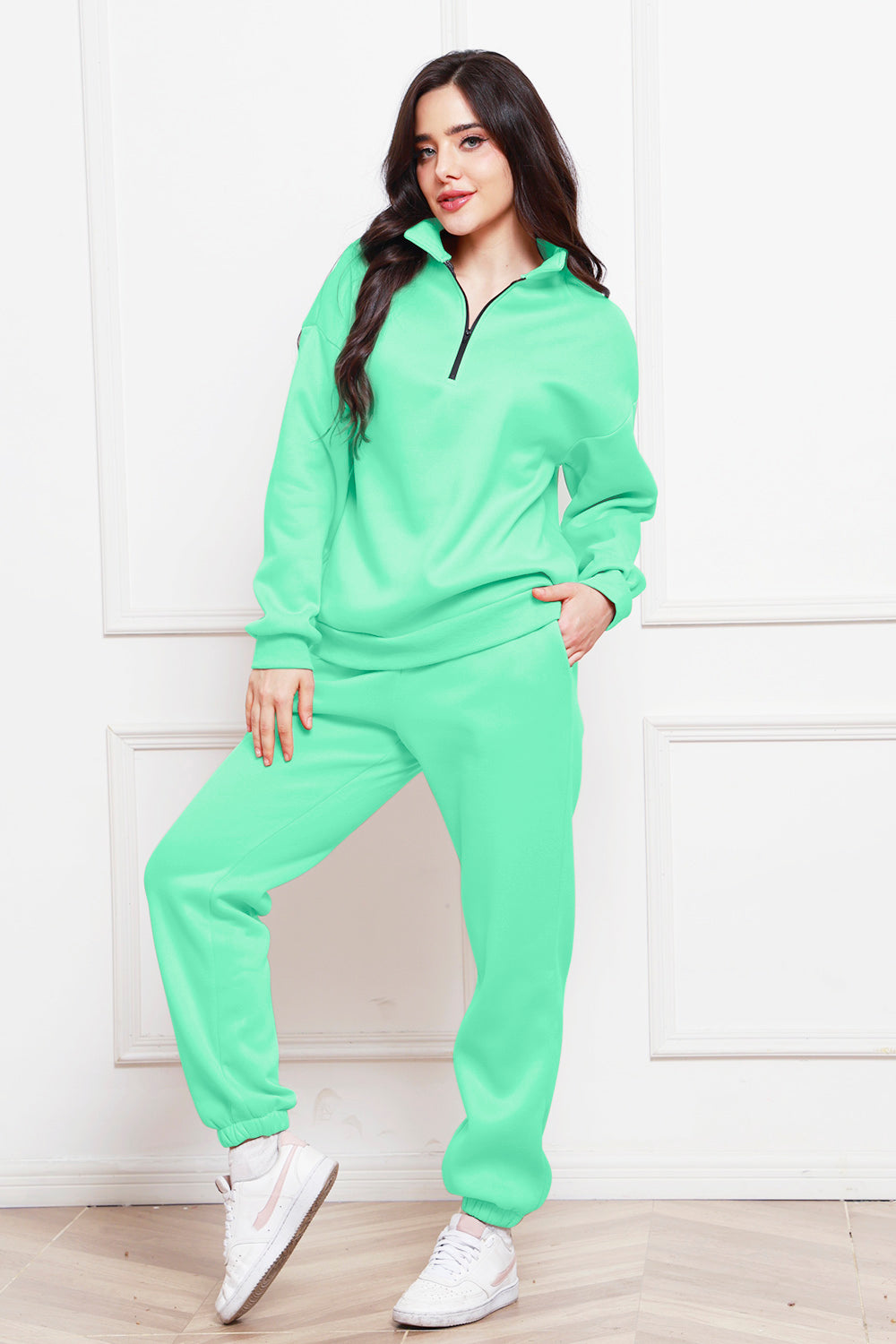 Half Zip Long Sleeve Sweatshirt and Pants Set - The Boutie Shop