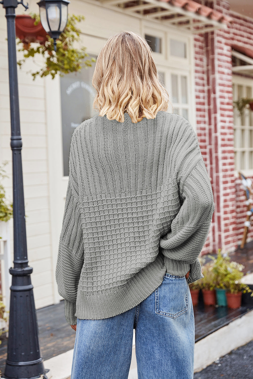 Ribbed Drop Shoulder Lantern Sleeve Sweater - The Boutie Shop