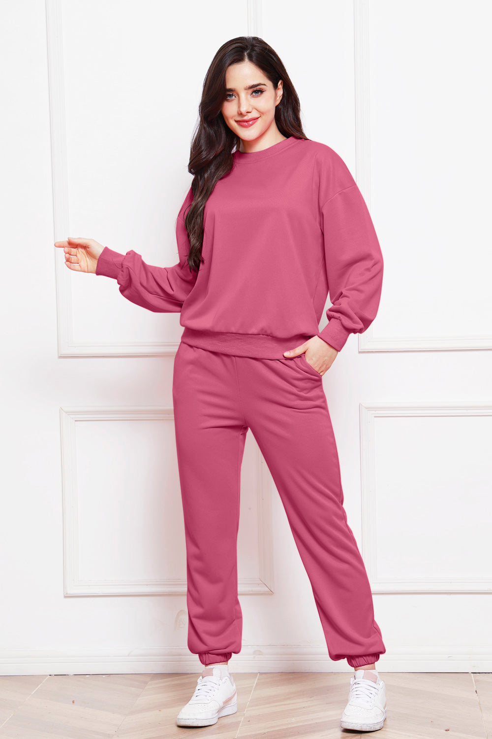 Round Neck Long Sleeve Sweatshirt and Pants Set - The Boutie Shop