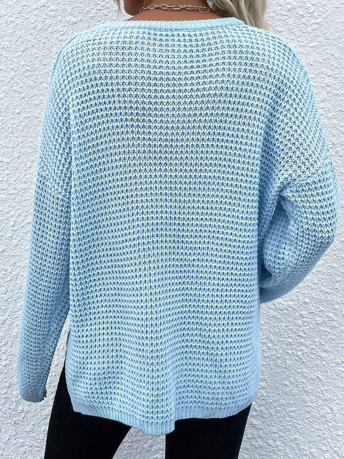 Notched Long Sleeve Sweater - The Boutie Shop