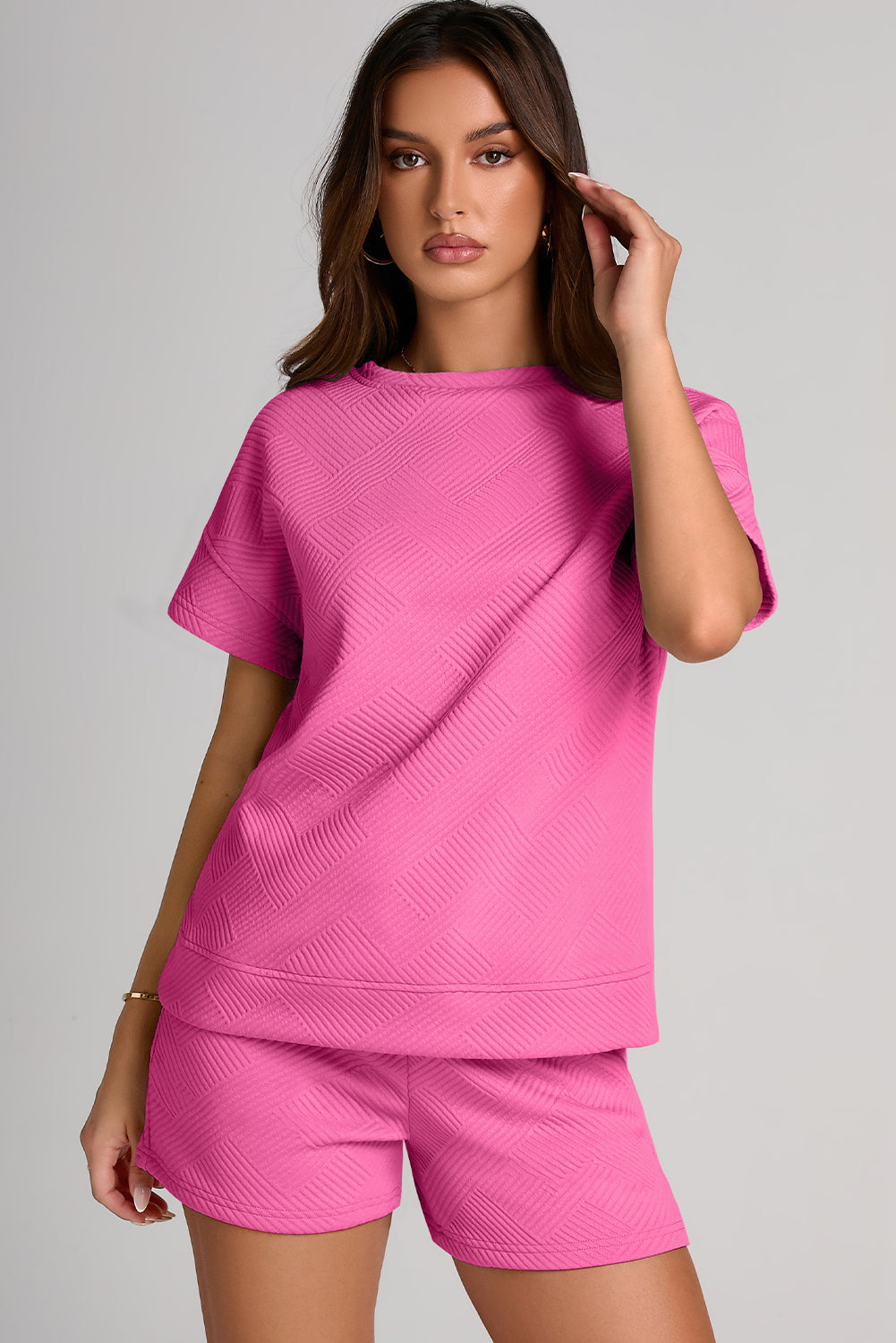 Textured Round Neck T-Shirt and Shorts Set - The Boutie Shop