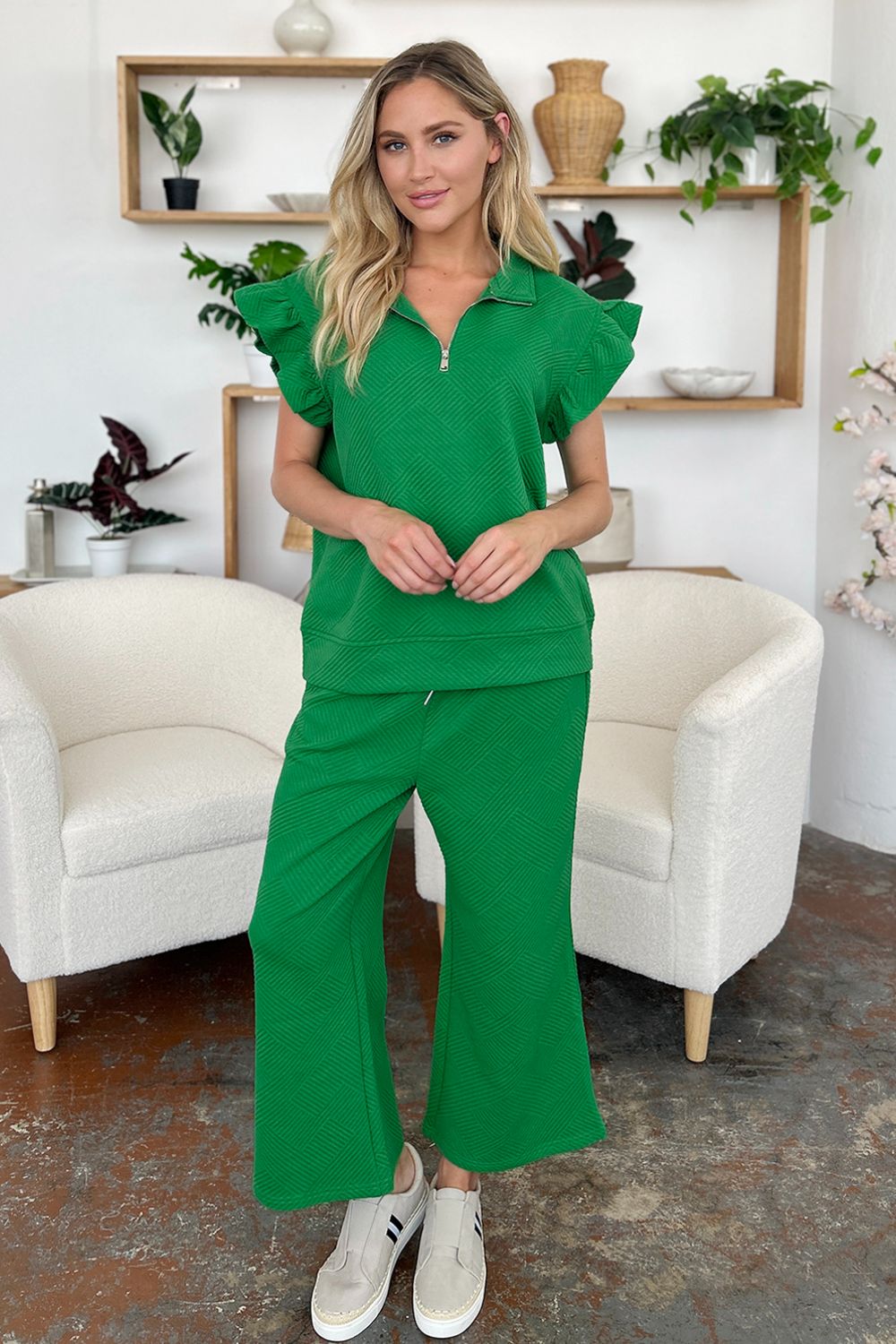 Double Take Texture Ruffle Short Sleeve Top and Drawstring Wide Leg Pants Set - The Boutie Shop