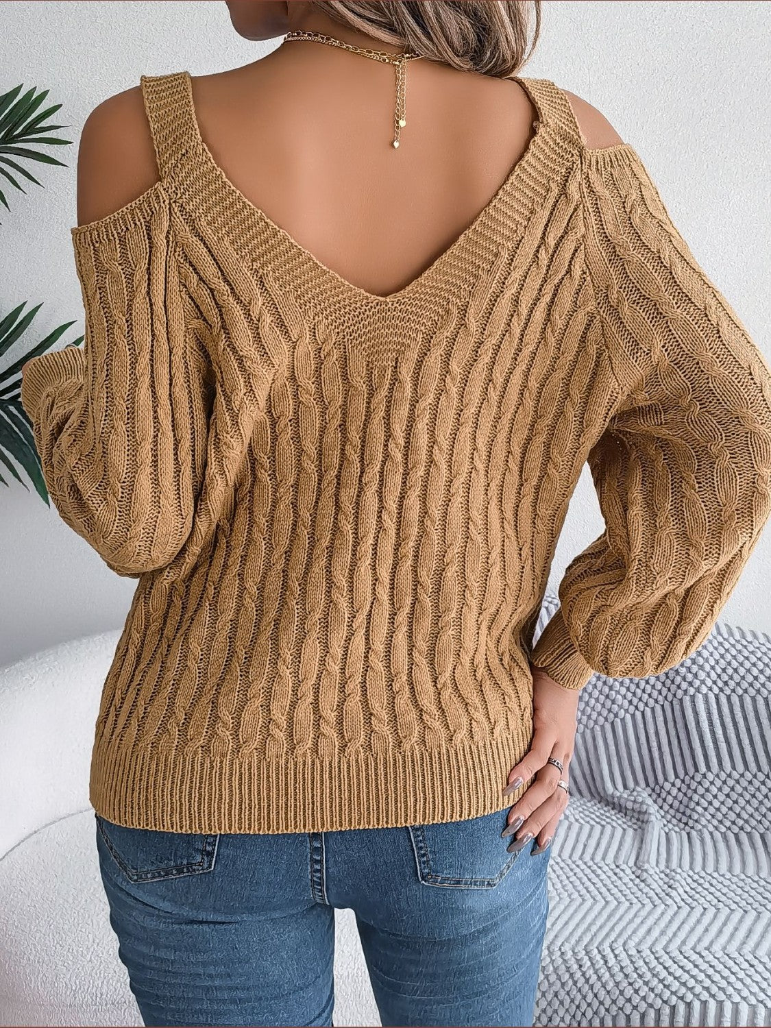 Cable-Knit Cold Shoulder Long Sleeve Sweater - The Boutie Shop