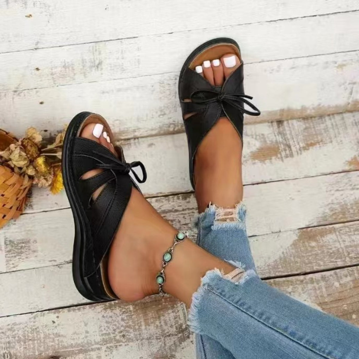 Tied Open Toe Low Heel Sandals - The Boutie Shop