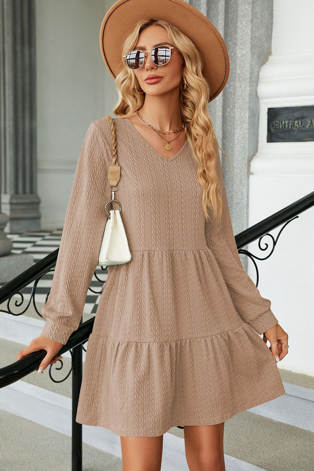 V-Neck Long Sleeve Mini Dress - The Boutie Shop