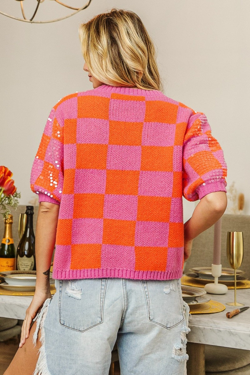 BiBi Checkered Short Sleeve Sequin Sweater - The Boutie Shop