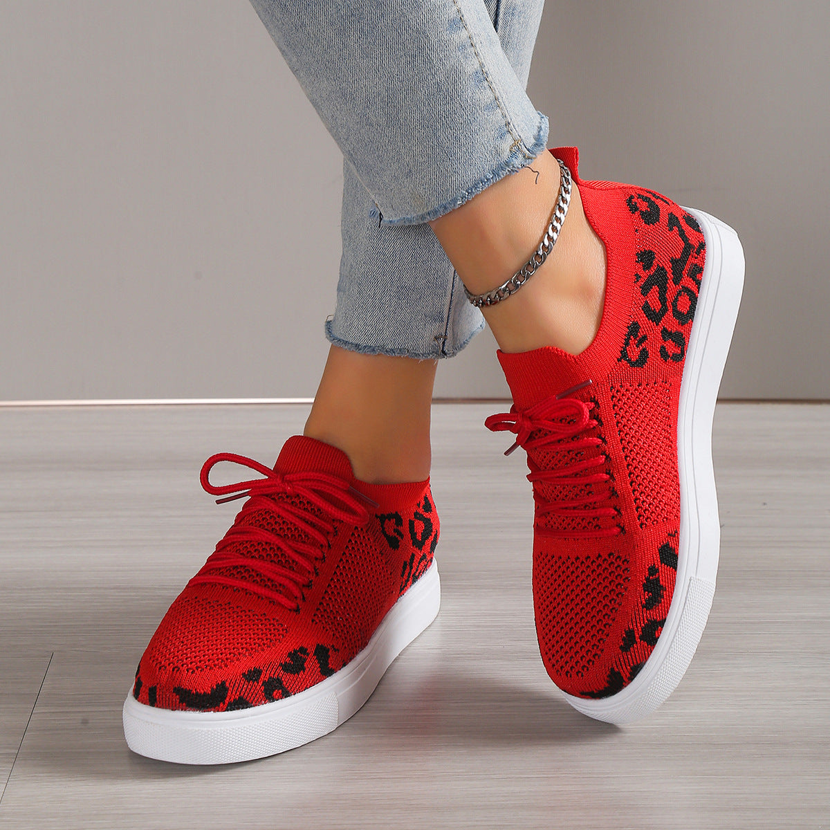 Lace-Up Leopard Flat Sneakers - The Boutie Shop