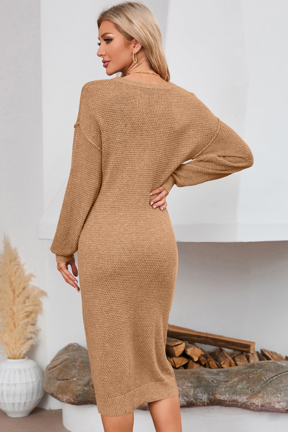 Half Button Long Sleeve Midi Sweater Dress - The Boutie Shop