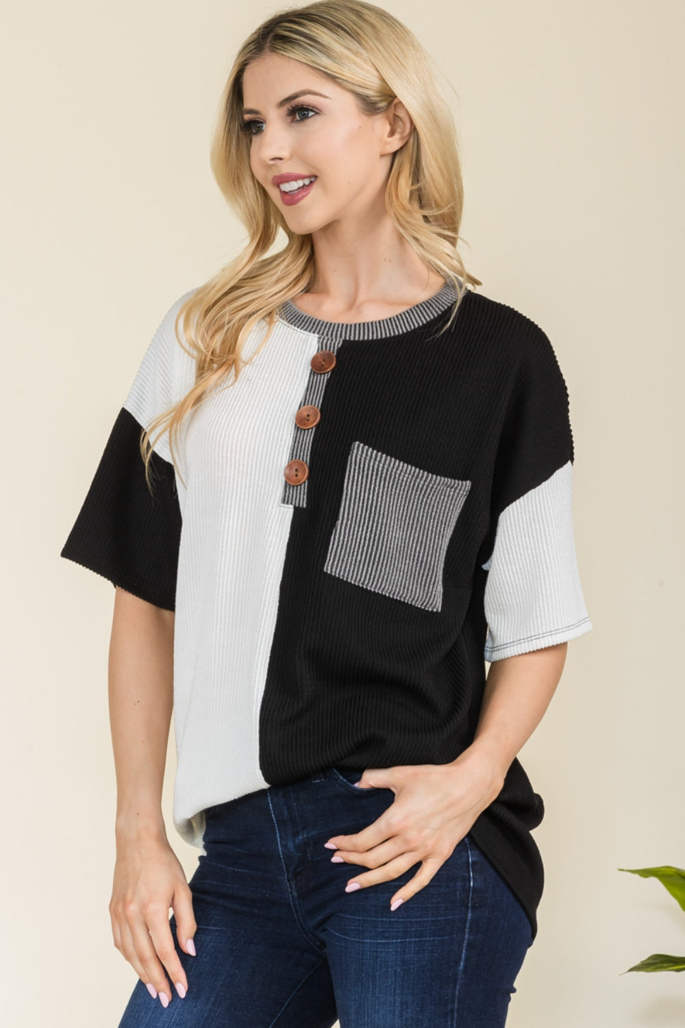 Celeste Full Size Ribbed Color Block Short Sleeve T-Shirt - The Boutie Shop