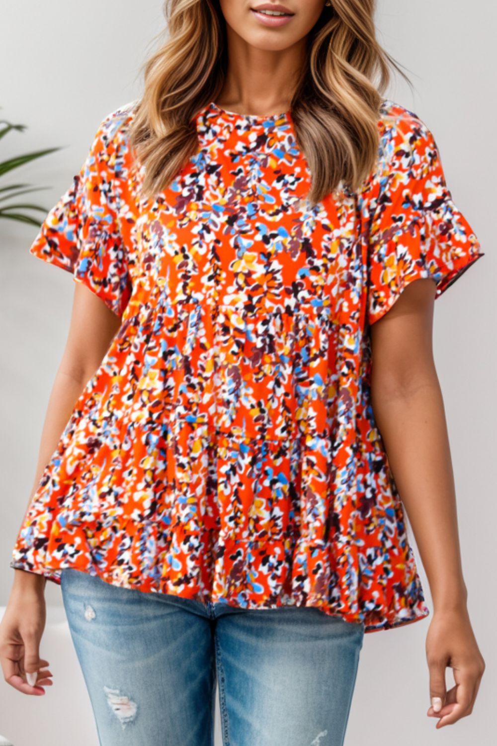 Plus Size Floral Round Neck Tiered Blouse - The Boutie Shop