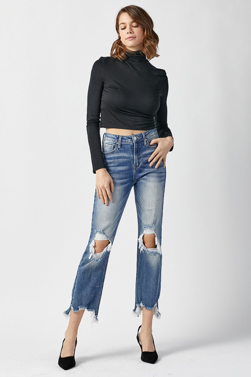 RISEN High Waist Distressed Frayed Hem Cropped Straight Jeans - The Boutie Shop