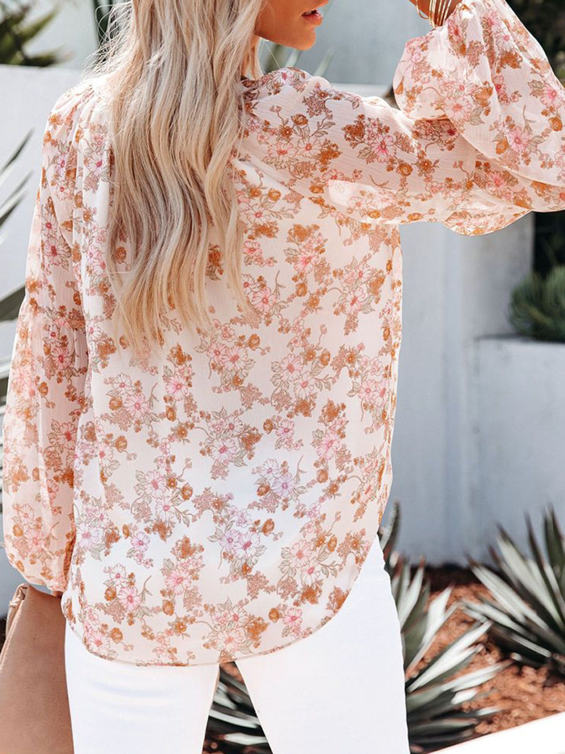 Floral Notched Balloon Sleeve Blouse - The Boutie Shop