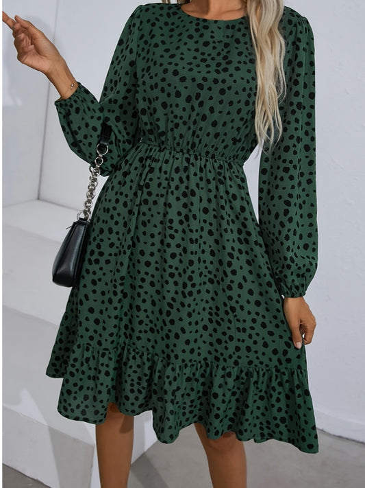 Printed Round Neck Balloon Sleeve Dress - The Boutie Shop