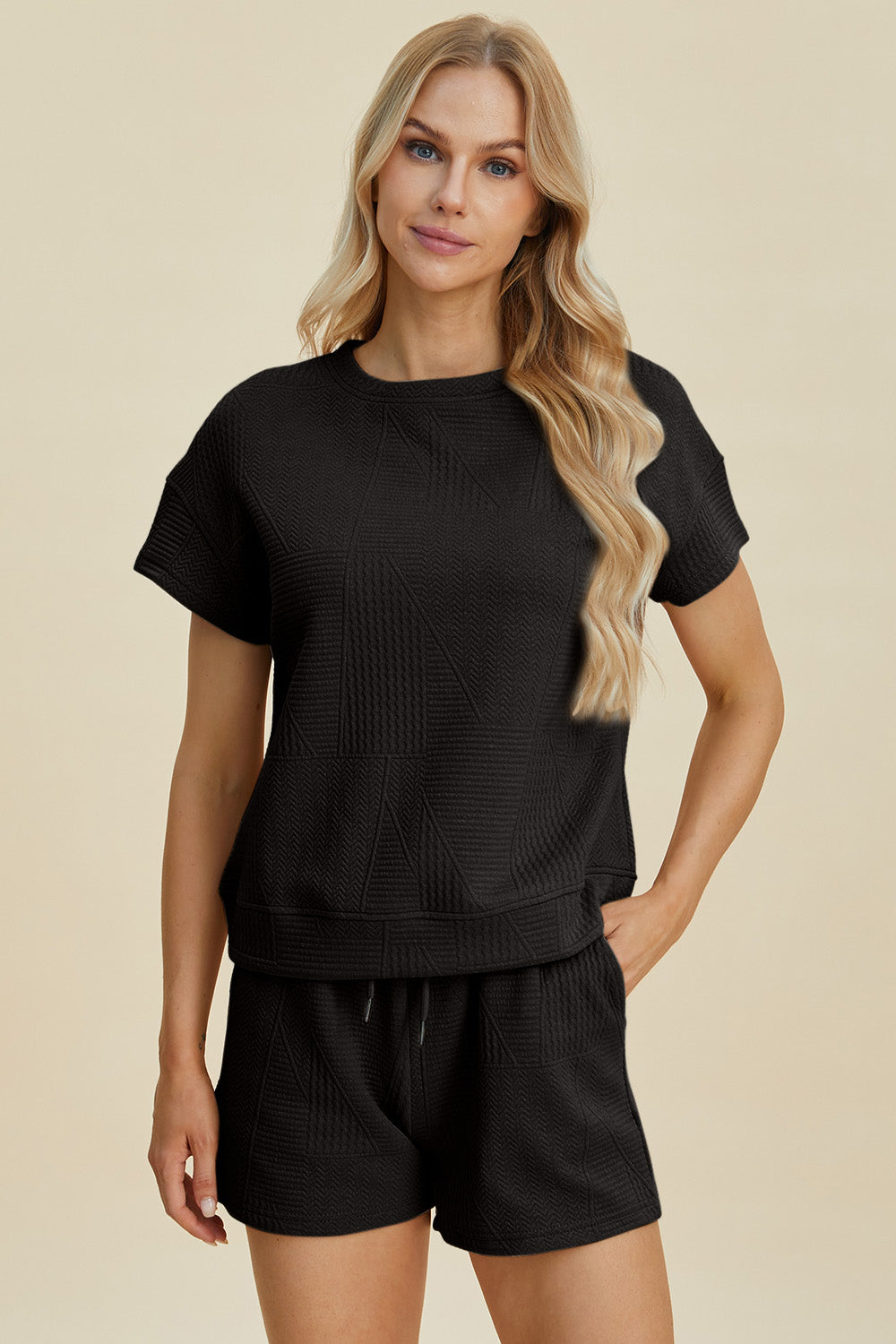 Double Take Full Size Texture Short Sleeve Top and Shorts Set - The Boutie Shop