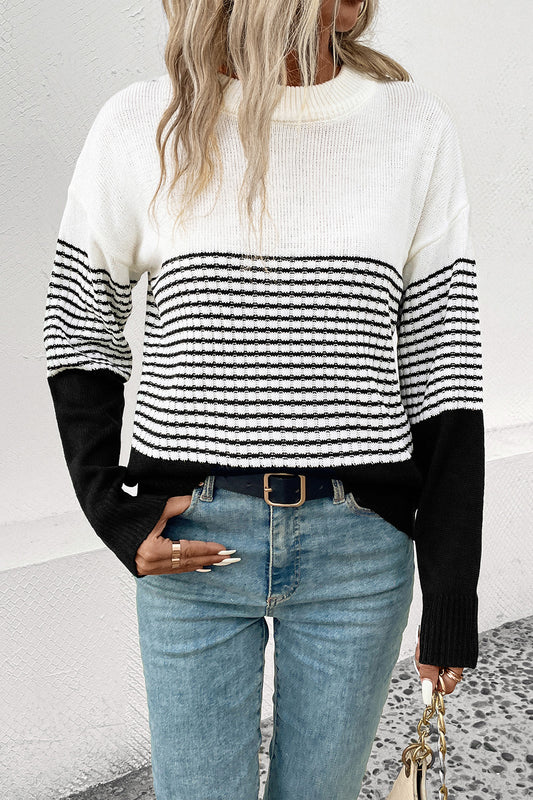 Perfee Striped Drop Shoulder Sweater - The Boutie Shop