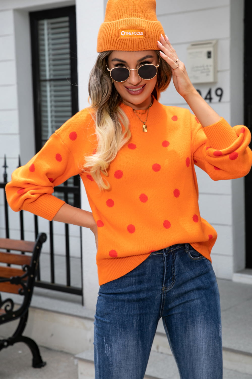 Angel Wings Woven Right Polka Dot Round Neck Dropped Shoulder Sweater - The Boutie Shop