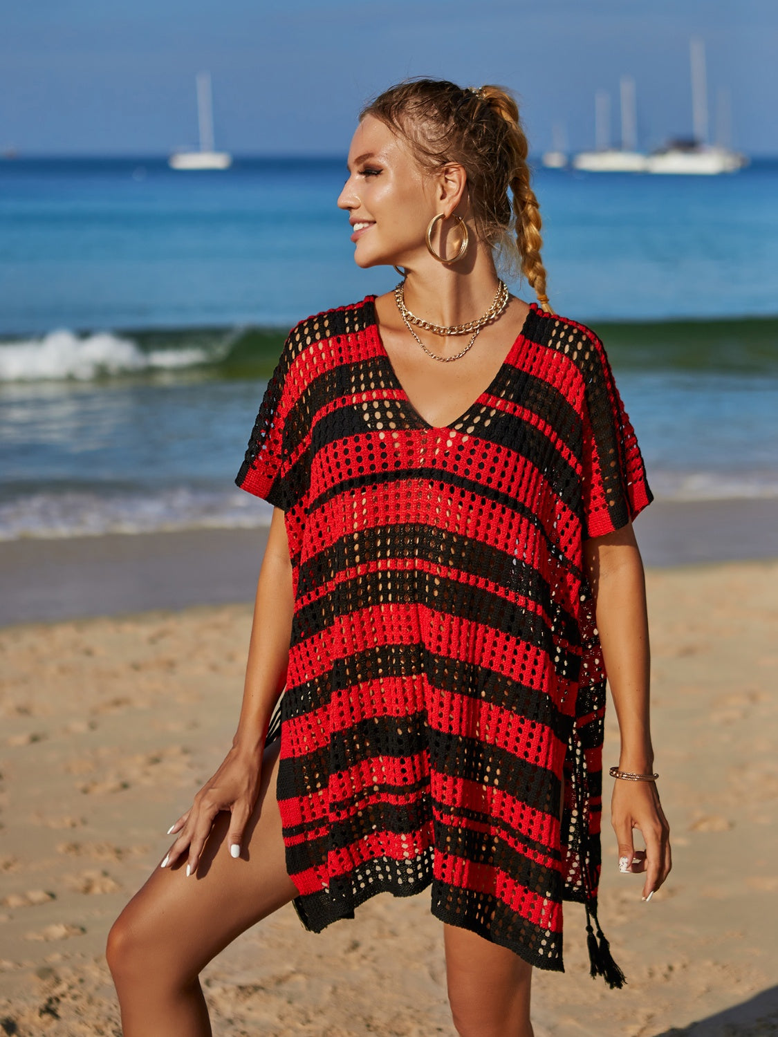 Angel Wings Tassel Openwork Striped V-Neck Cover Up - The Boutie Shop