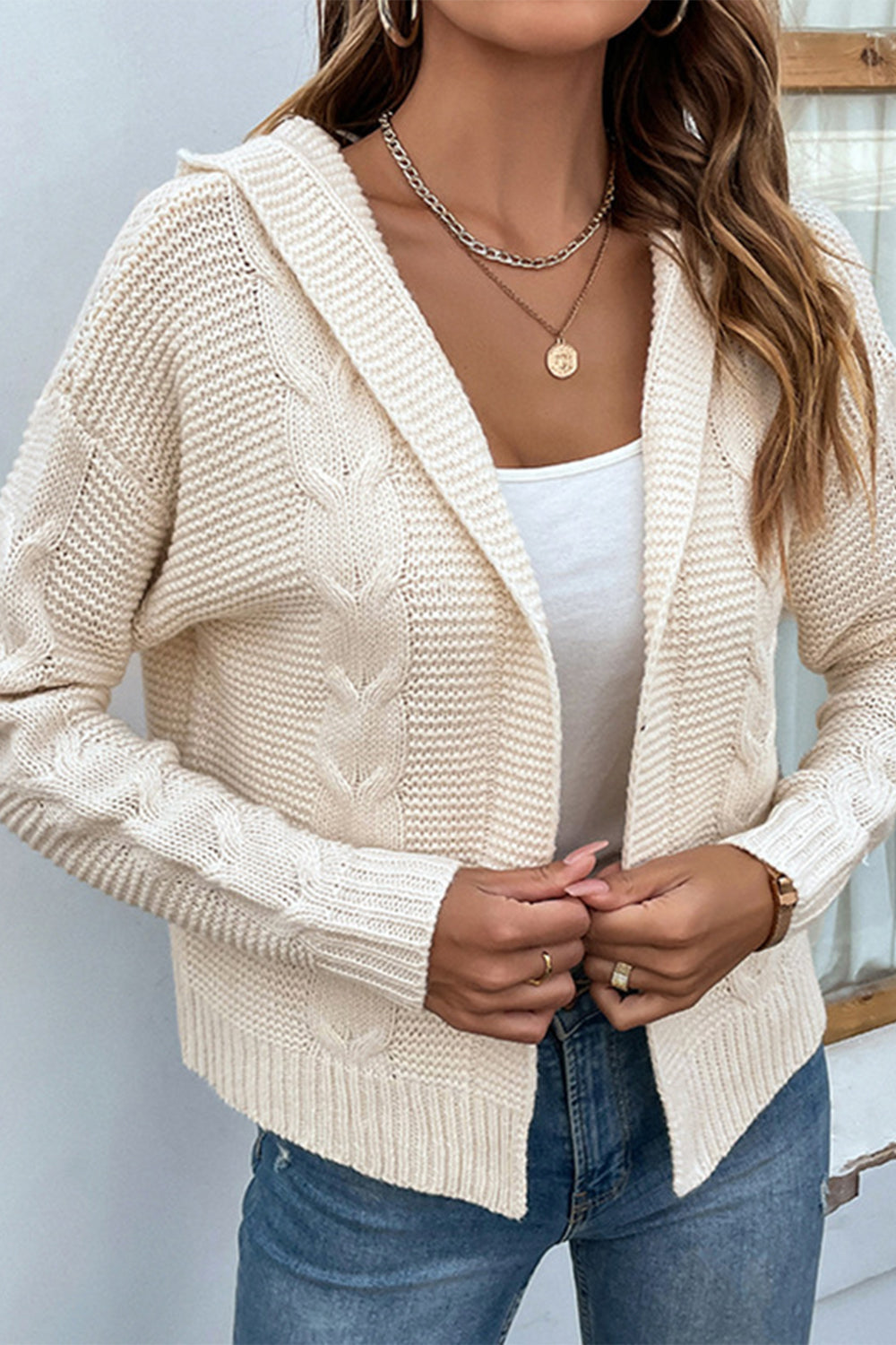 Cable-Knit Dropped Shoulder Hooded Cardigan - The Boutie Shop