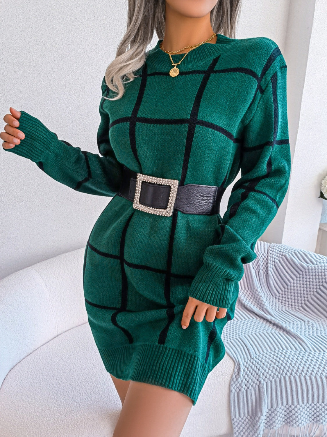 Plaid Round Neck Dropped Shoulder Sweater Dress - The Boutie Shop