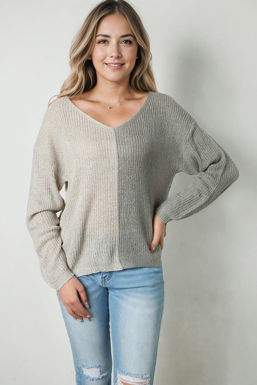 Contrast Color V-Neck Long Sleeve Pullover Sweater - The Boutie Shop