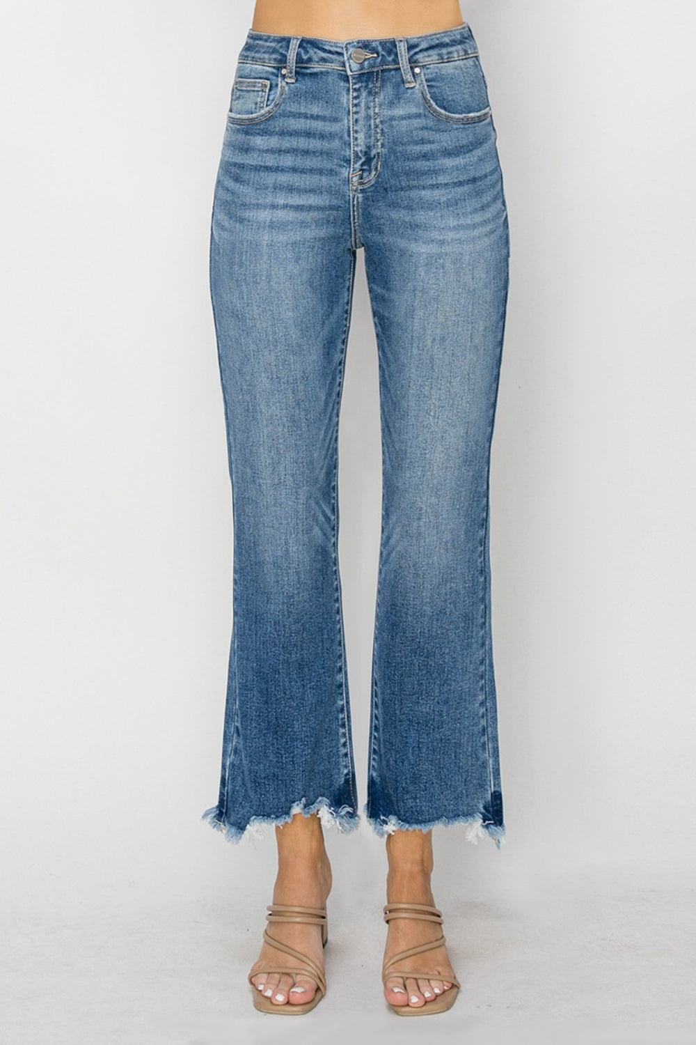 RISEN High Waist Raw Hem Flare Jeans - The Boutie Shop