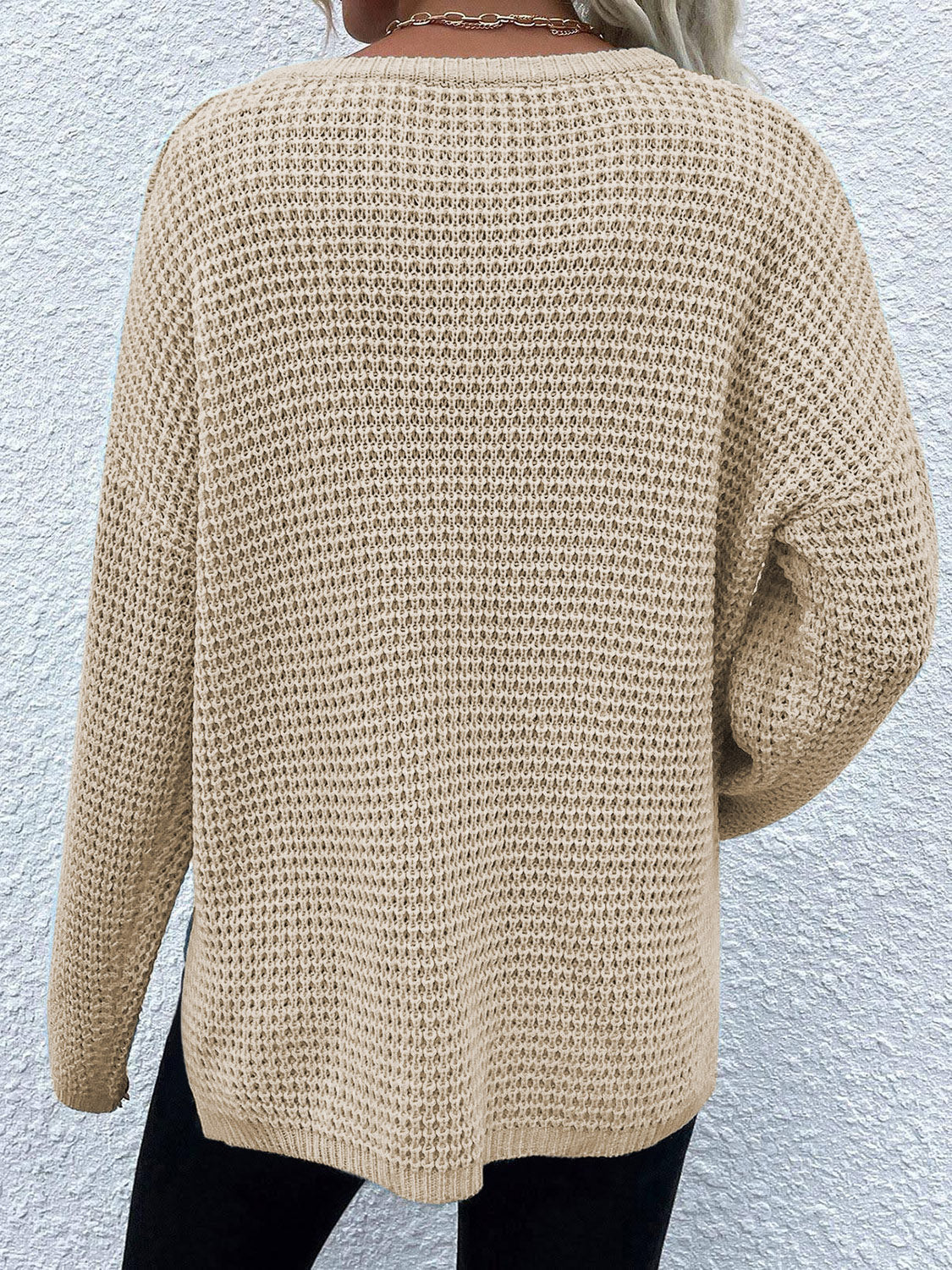 Notched Long Sleeve Sweater - The Boutie Shop