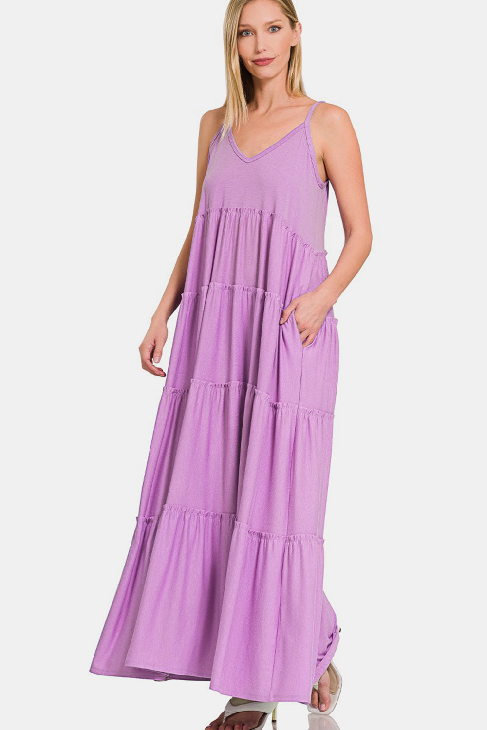 Zenana Frill Tiered V-Neck Maxi Cami Dress - The Boutie Shop