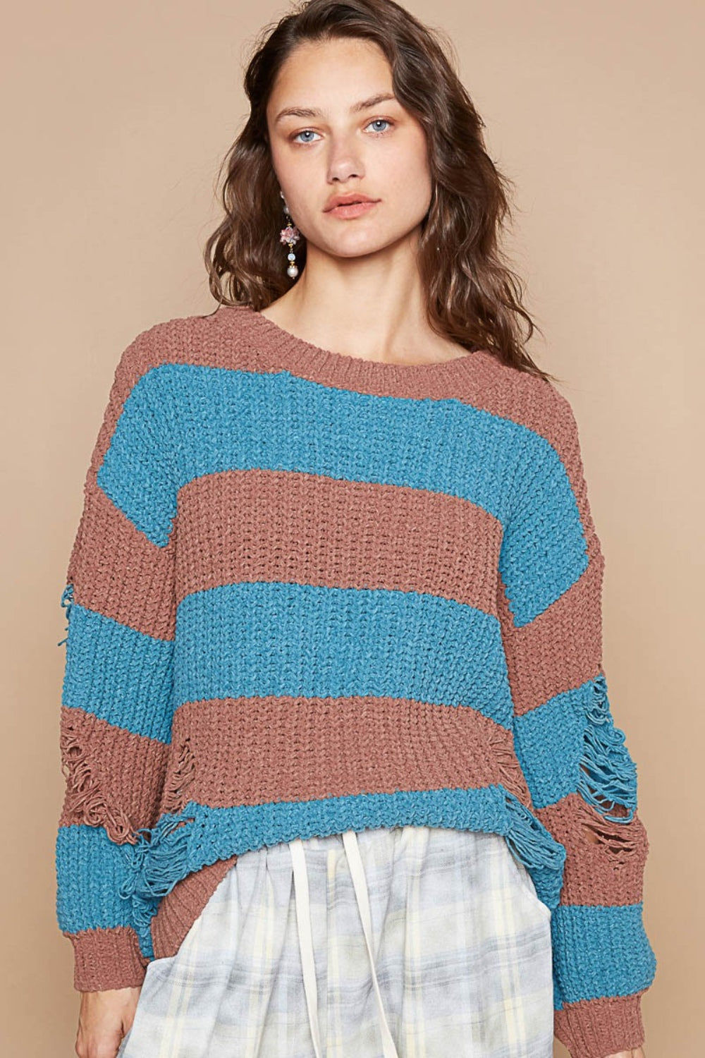 POL Striped Distressed Long Sleeve Sweater - The Boutie Shop