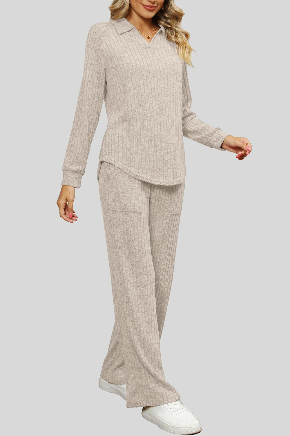 Ribbed Long Sleeve Top and Pocketed Pants Set - The Boutie Shop