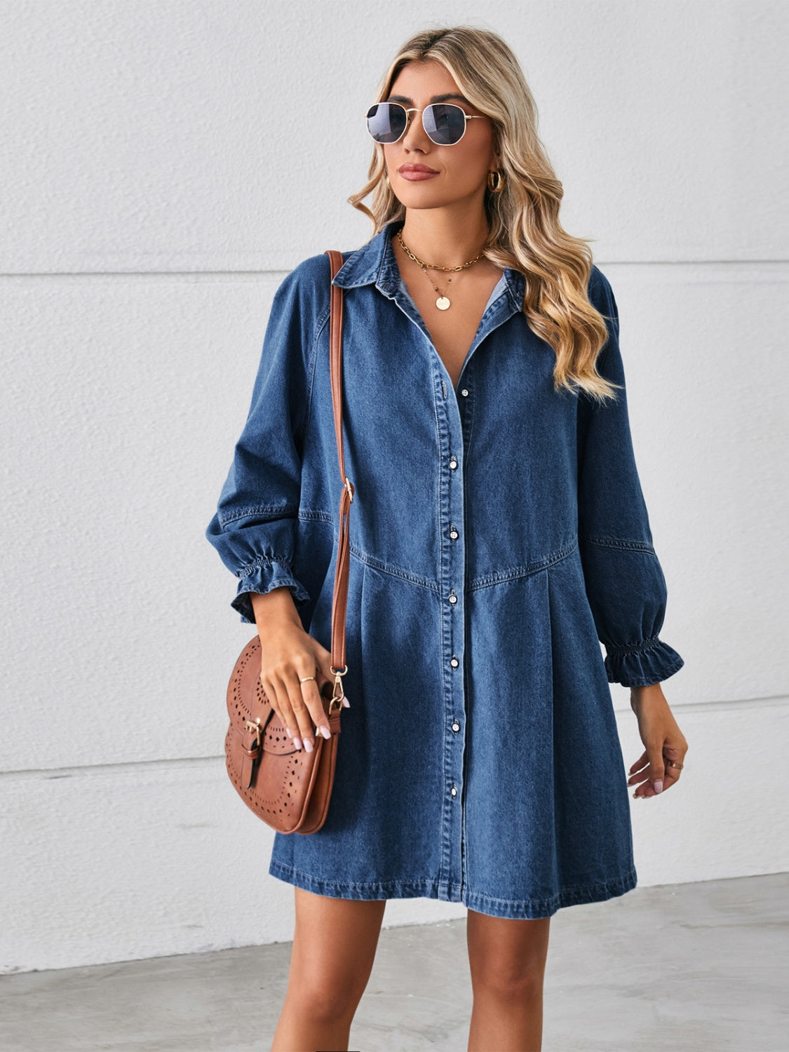 Button Up Flounce Sleeve Mini Denim Dress - The Boutie Shop