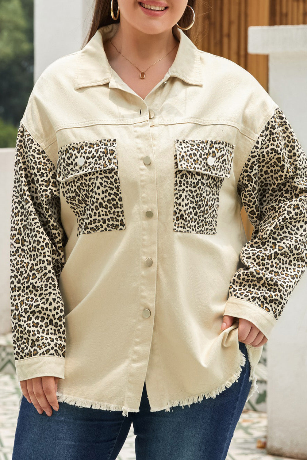 Plus Size Leopard Button Up Raw Hem Denim Jacket - The Boutie Shop