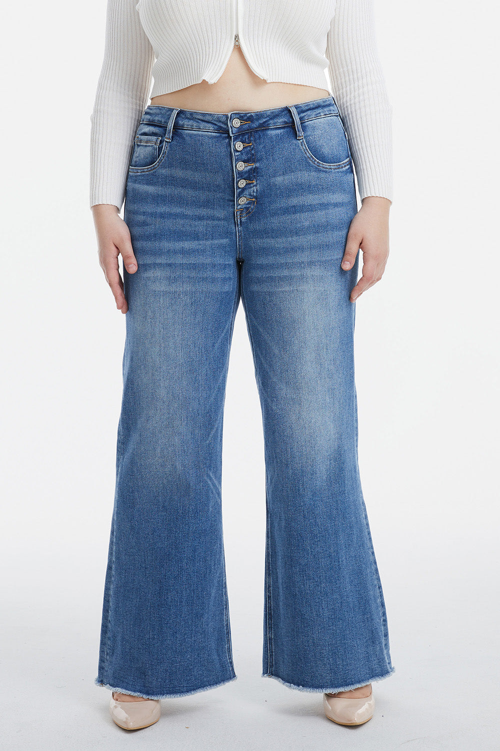 BAYEAS Full Size High Waist Button-Fly Raw Hem Wide Leg Jeans - The Boutie Shop