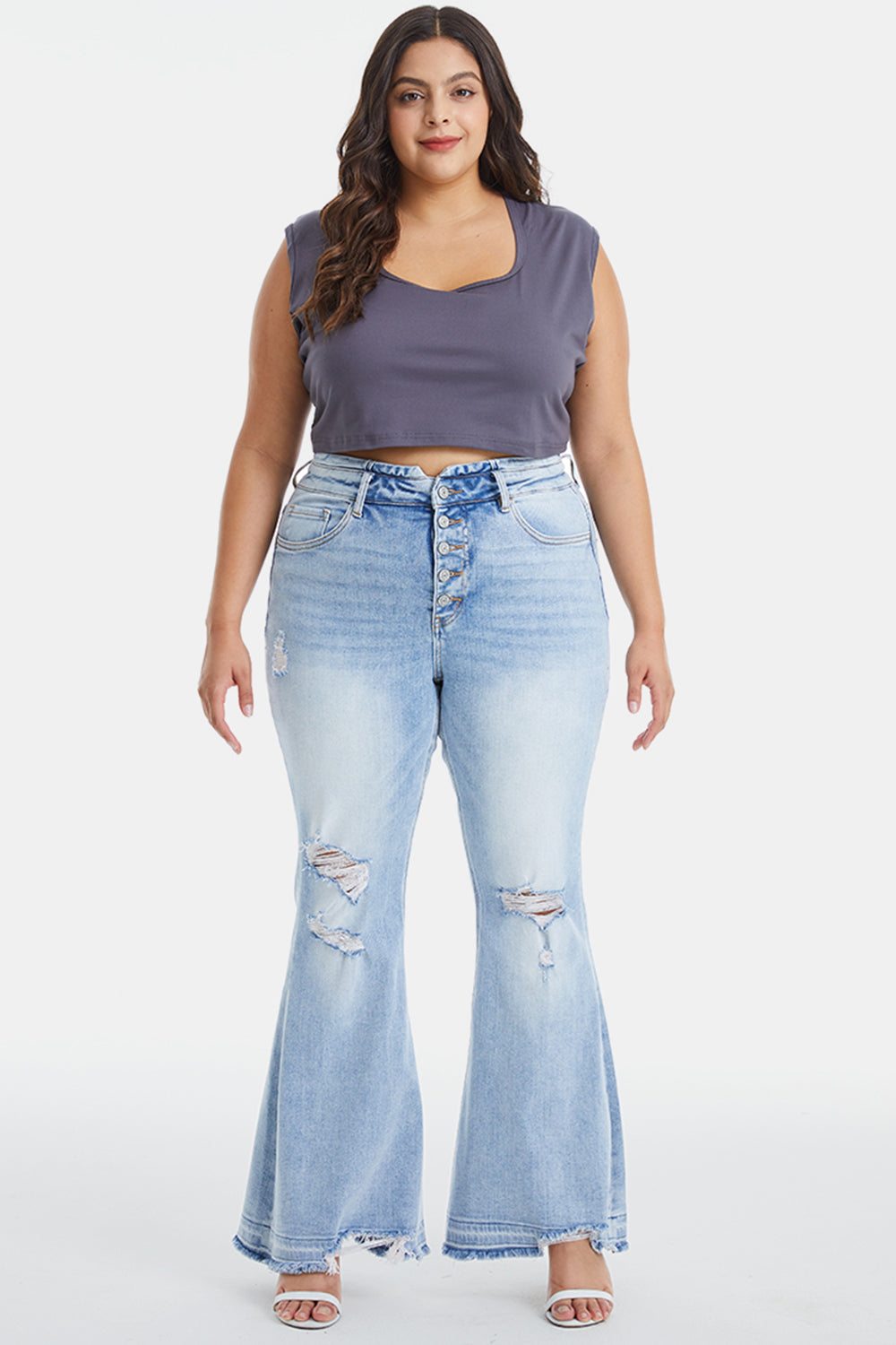 BAYEAS Full Size Distressed Raw Hem High Waist Flare Jeans - The Boutie Shop