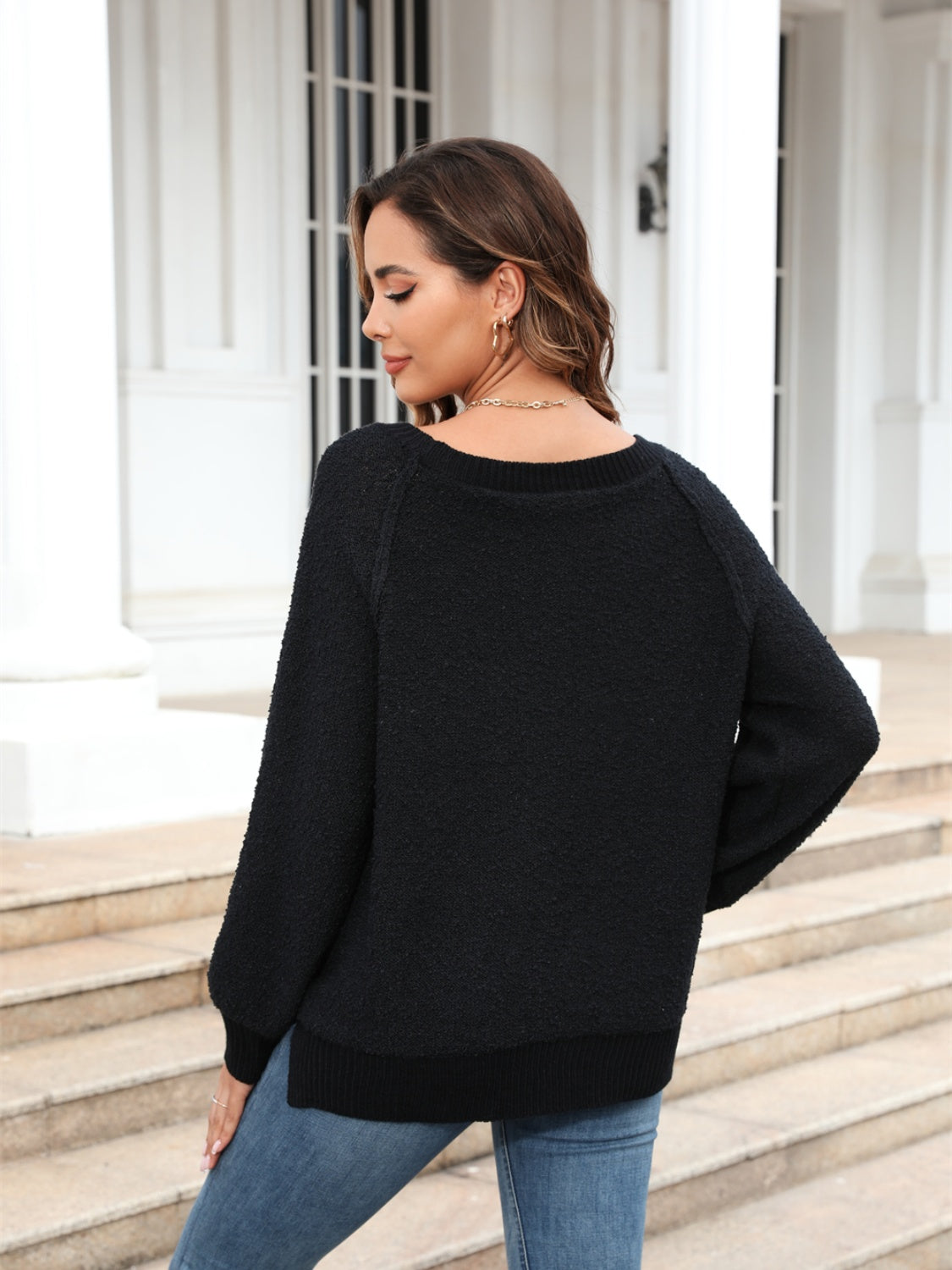 Angel Wings Round Neck Ribbed Trim Sweater - The Boutie Shop