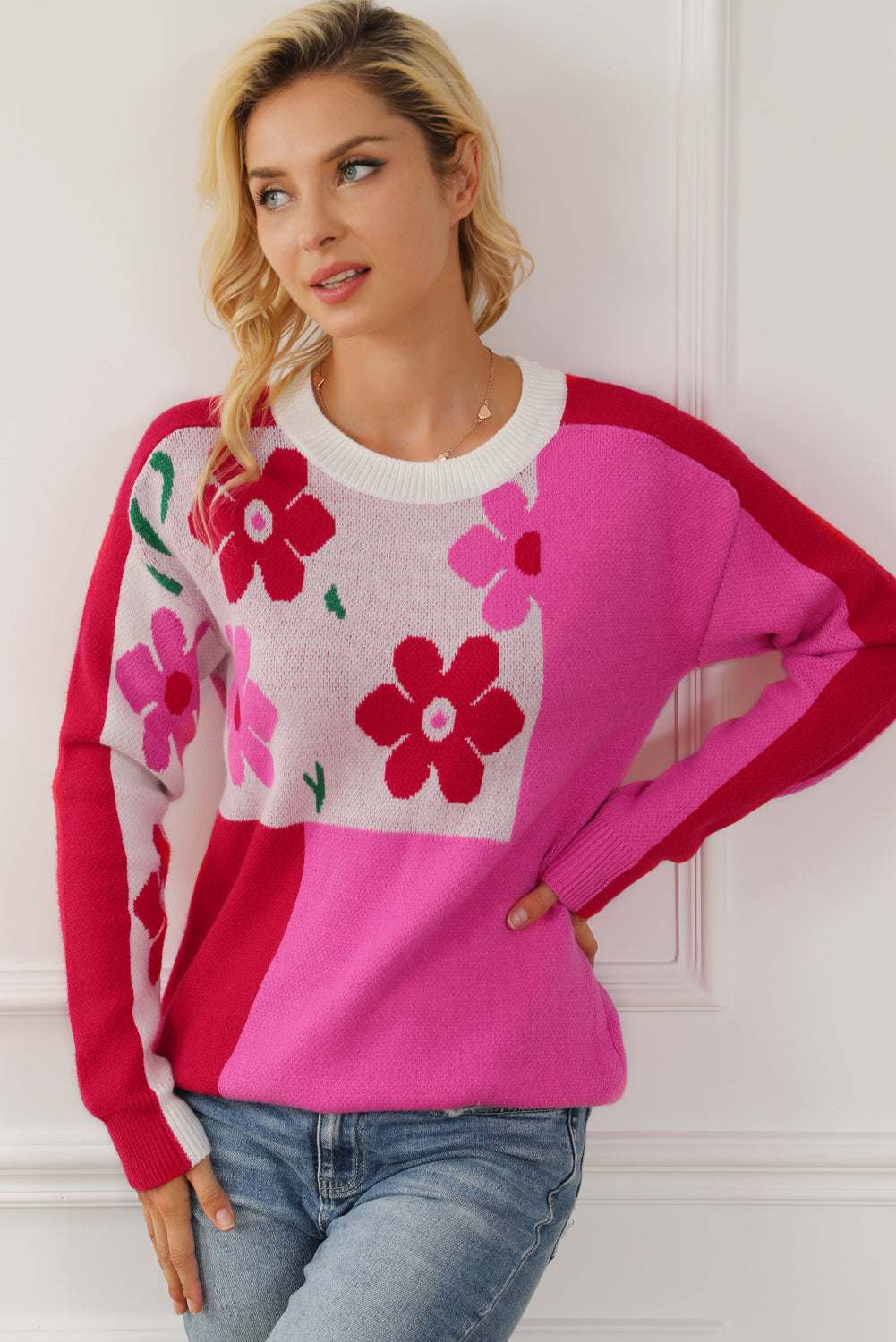 Floral Round Neck Dropped Shoulder Sweater - The Boutie Shop