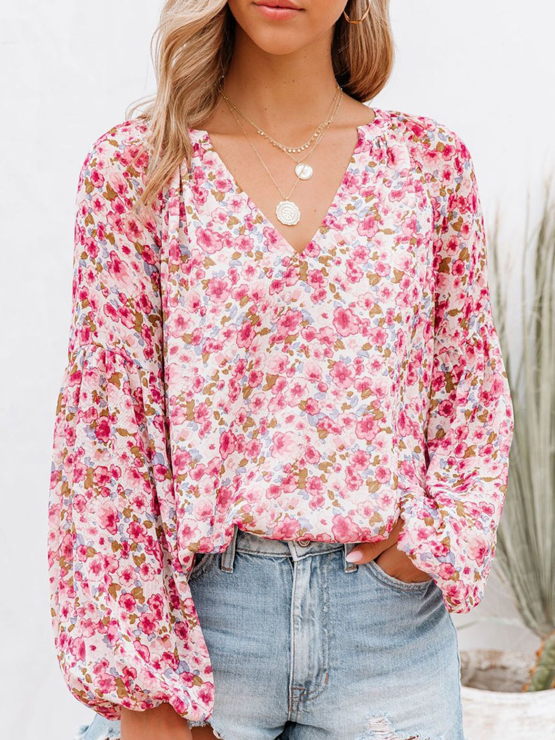 Floral Notched Balloon Sleeve Blouse - The Boutie Shop