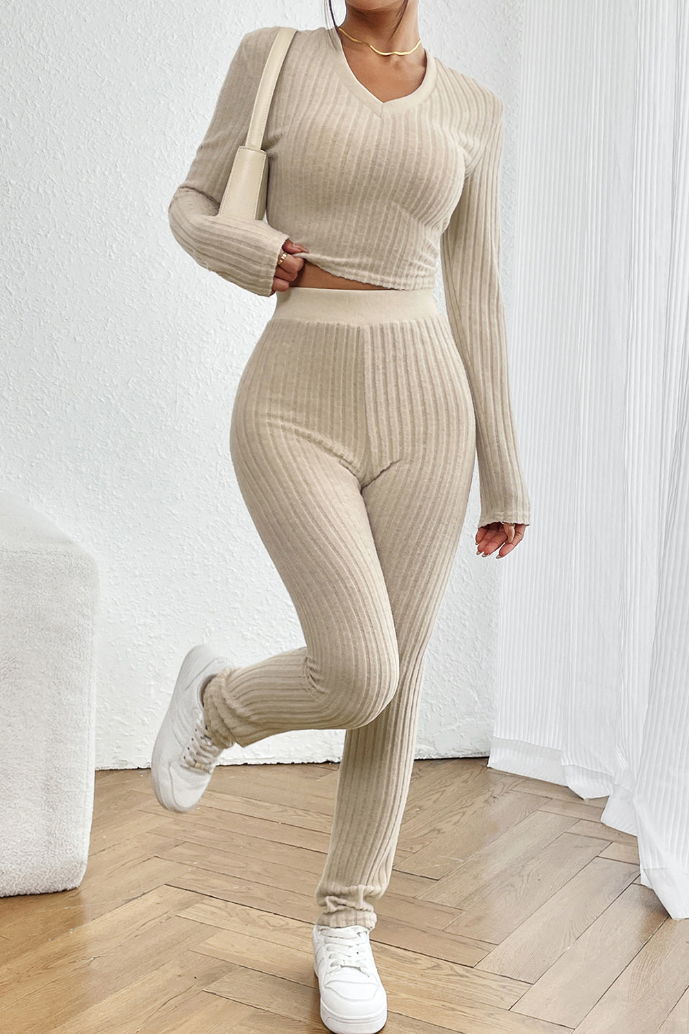 Ribbed V-Neck Long Sleeve Cropped Top and Pants Set - The Boutie Shop