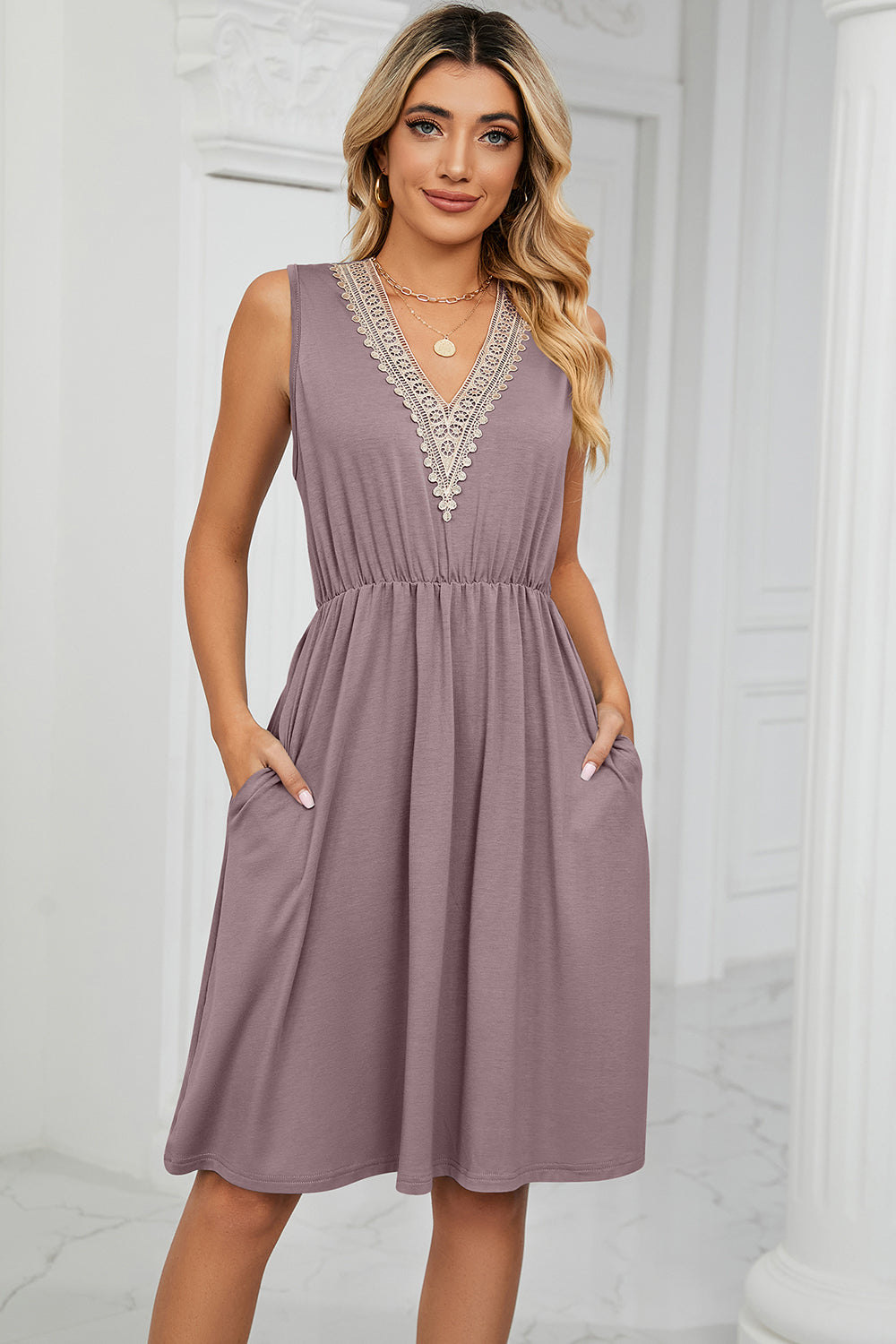 Pocketed V-Neck Wide Strap Dress - The Boutie Shop