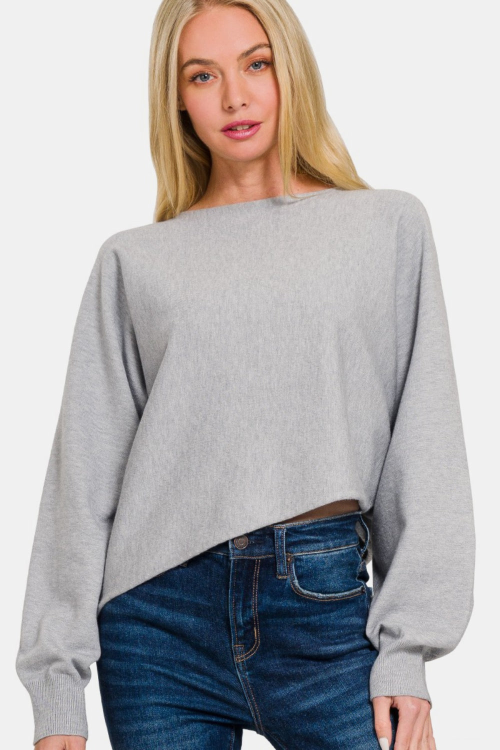 Zenana Asymmetric Hem Long Sleeve Sweater - The Boutie Shop