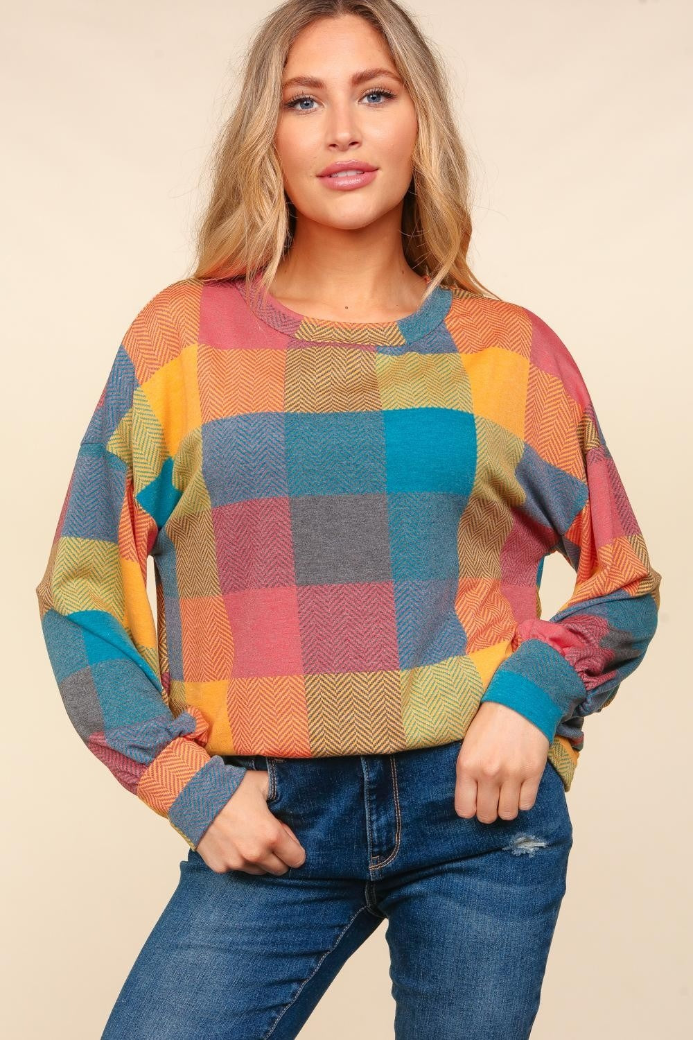 Haptics Round Neck Color Block Plaid Top - The Boutie Shop