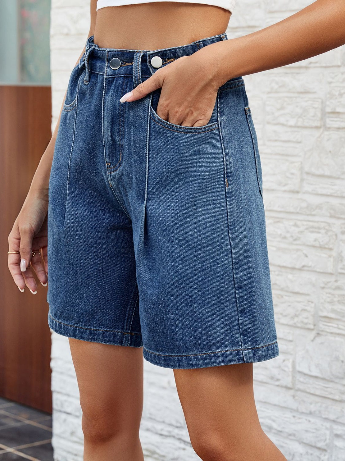 High Waist Denim Shorts with Pockets - The Boutie Shop